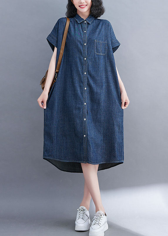 Style Blue Oversized Pocket Cotton Denim Shirt Dress Short Sleeve LY1508