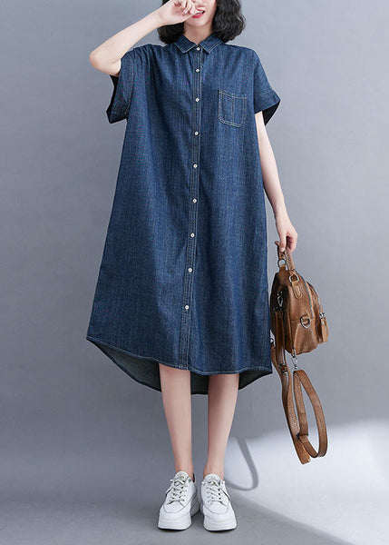 Style Blue Oversized Pocket Cotton Denim Shirt Dress Short Sleeve LY1508