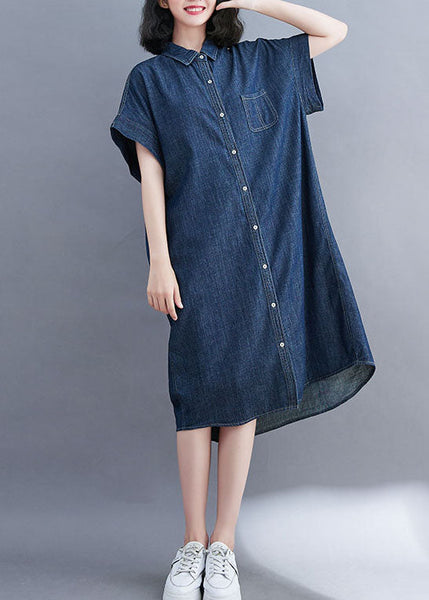 Style Blue Oversized Pocket Cotton Denim Shirt Dress Short Sleeve LY1508