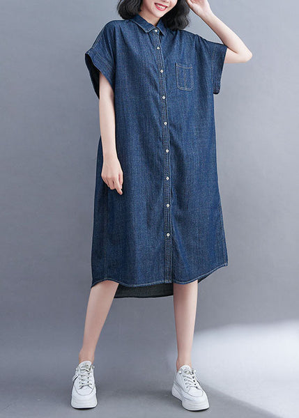 Style Blue Oversized Pocket Cotton Denim Shirt Dress Short Sleeve LY1508