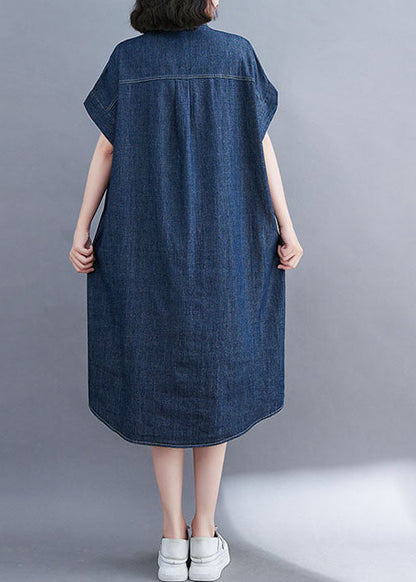 Style Blue Oversized Pocket Cotton Denim Shirt Dress Short Sleeve LY1508