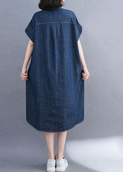 Style Blue Oversized Pocket Cotton Denim Shirt Dress Short Sleeve LY1508
