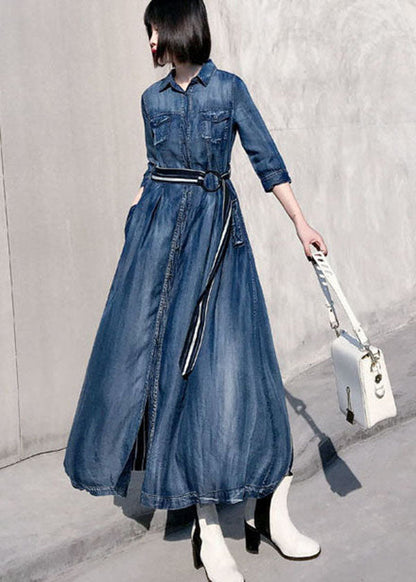 Style Blue Peter Pan Collar Patchwork Striped Denim Cinched Dress Spring AC2015