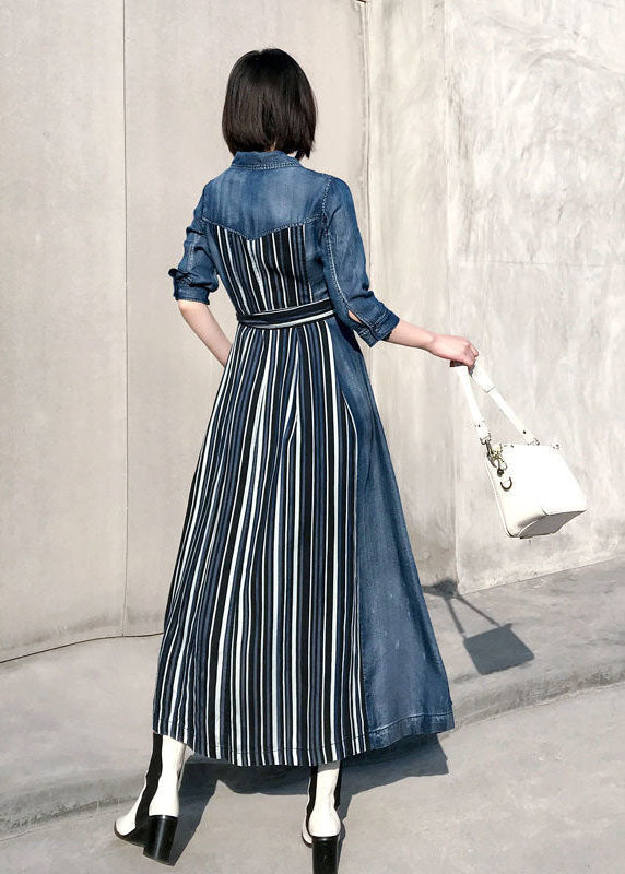 Style Blue Peter Pan Collar Patchwork Striped Denim Cinched Dress Spring AC2015