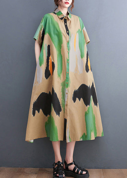 Style Blue Peter Pan Collar Print Button Long Dress Shirts Short Sleeve AC2075