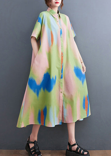 Style Blue Peter Pan Collar Print Button Long Dress Shirts Short Sleeve AC2075