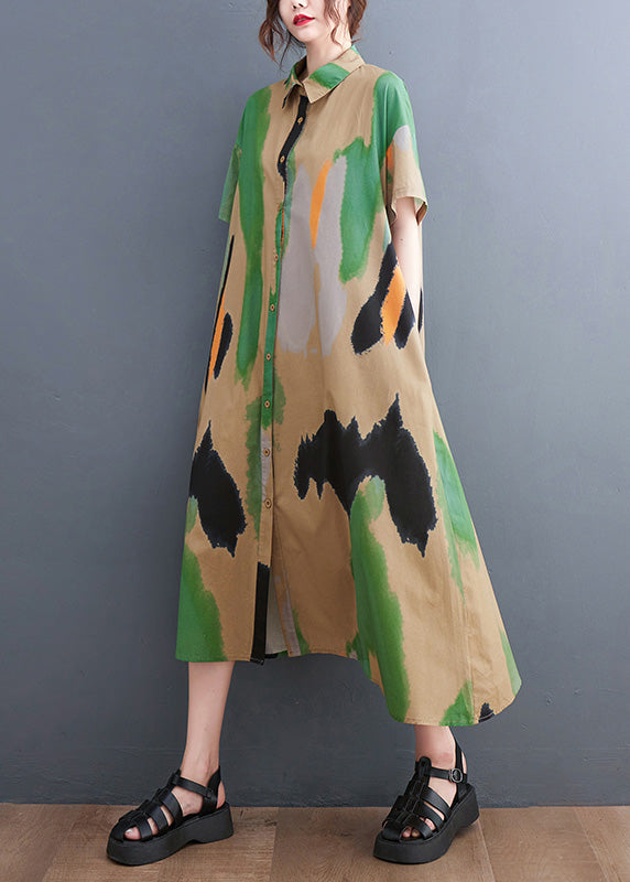 Style Blue Peter Pan Collar Print Button Long Dress Shirts Short Sleeve AC2075