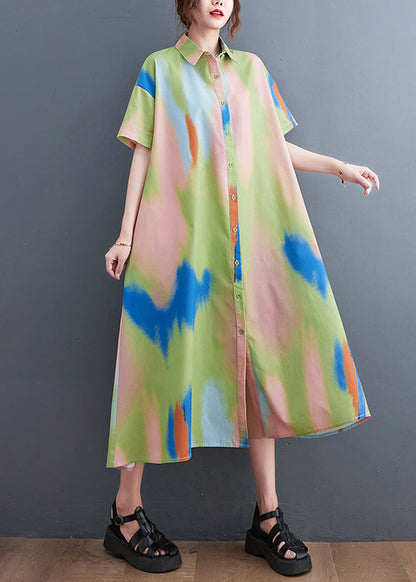 Style Blue Peter Pan Collar Print Button Long Dress Shirts Short Sleeve AC2075