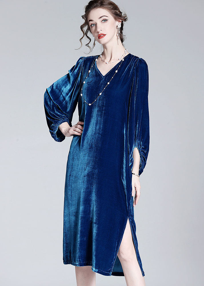 Style Blue V Neck Patchwork Wrinkled Silk Velour Dresses Spring LY0110