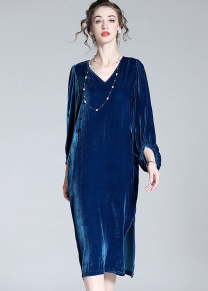 Style Blue V Neck Patchwork Wrinkled Silk Velour Dresses Spring LY0110