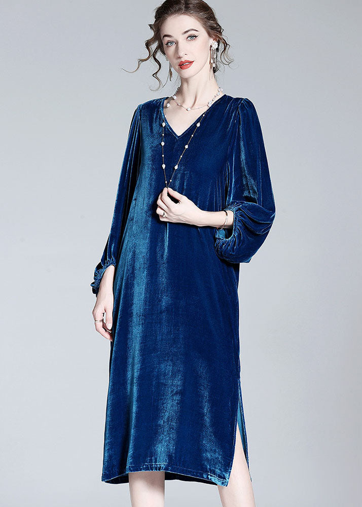 Style Blue V Neck Patchwork Wrinkled Silk Velour Dresses Spring LY0110