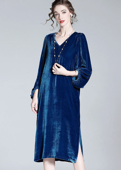 Style Blue V Neck Patchwork Wrinkled Silk Velour Dresses Spring LY0110