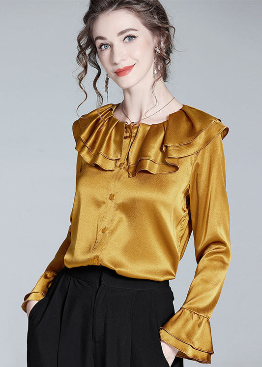 Style Gold Ruffled Patchwork Button Silk Shirt Flare Sleeve LY0976