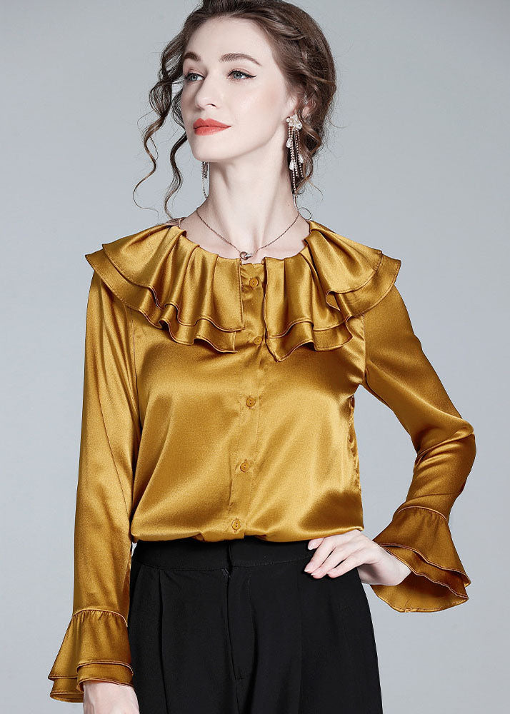 Style Gold Ruffled Patchwork Button Silk Shirt Flare Sleeve LY0976