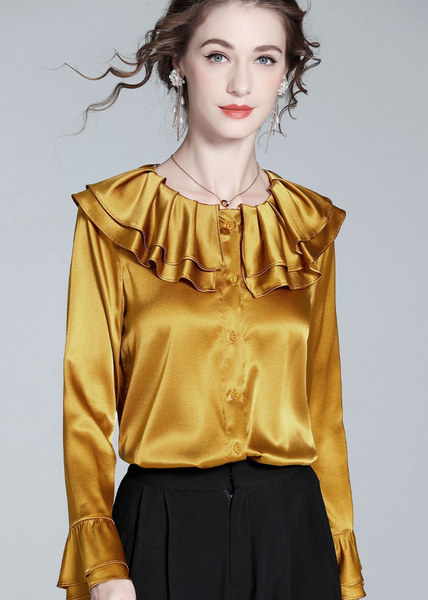 Style Gold Ruffled Patchwork Button Silk Shirt Flare Sleeve LY0976