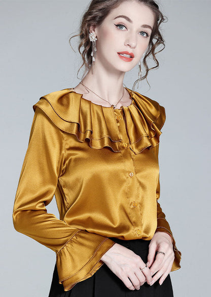 Style Gold Ruffled Patchwork Button Silk Shirt Flare Sleeve LY0976