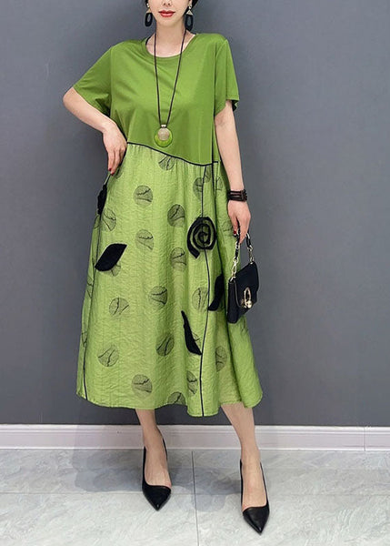 Style Green O-Neck Patchwork Floral Cotton Long Dress Summer LY1574
