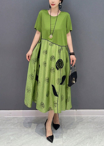 Style Green O-Neck Patchwork Floral Cotton Long Dress Summer LY1574
