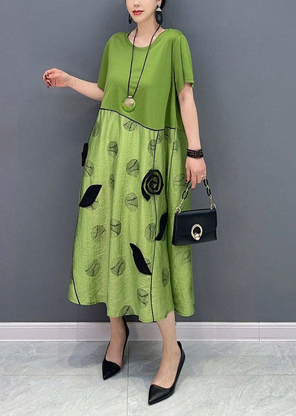 Style Green O-Neck Patchwork Floral Cotton Long Dress Summer LY1574