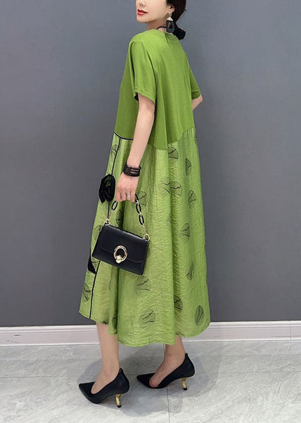 Style Green O-Neck Patchwork Floral Cotton Long Dress Summer LY1574