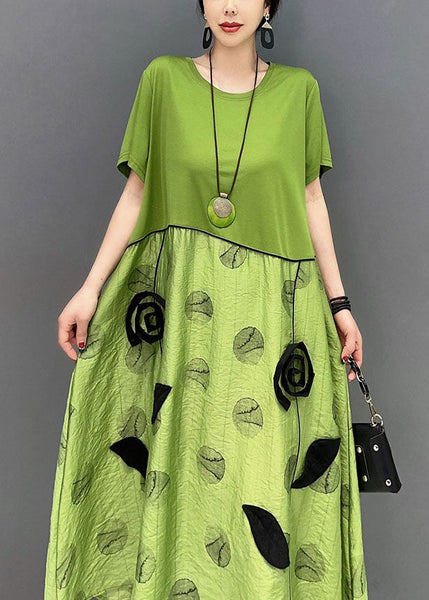 Style Green O-Neck Patchwork Floral Cotton Long Dress Summer LY1574