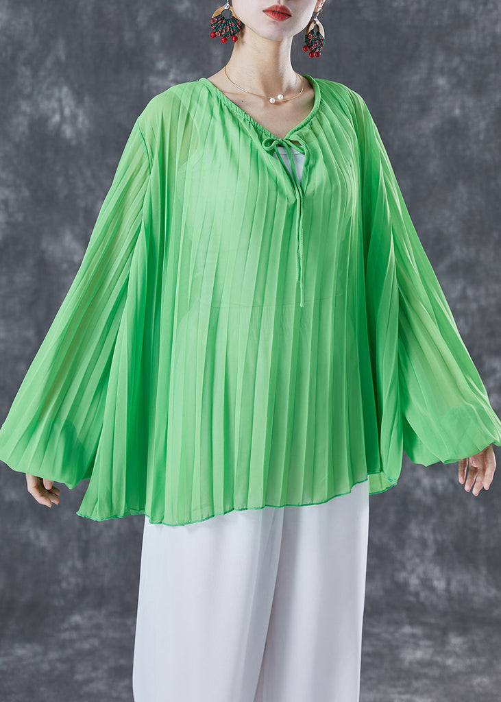 Style Green Oversized Wrinkled Lace Up Chiffon Blouse Top Lantern Sleeve TA1061