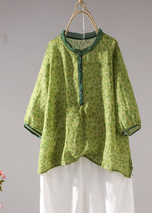 Style Green Stand Collar Print Linen Shirt Top Half Sleeve LY1429