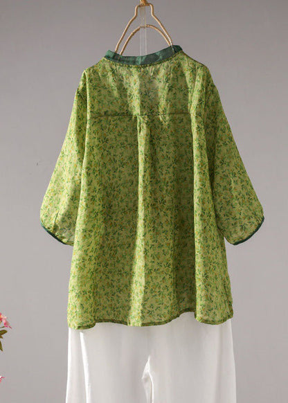 Style Green Stand Collar Print Linen Shirt Top Half Sleeve LY1429