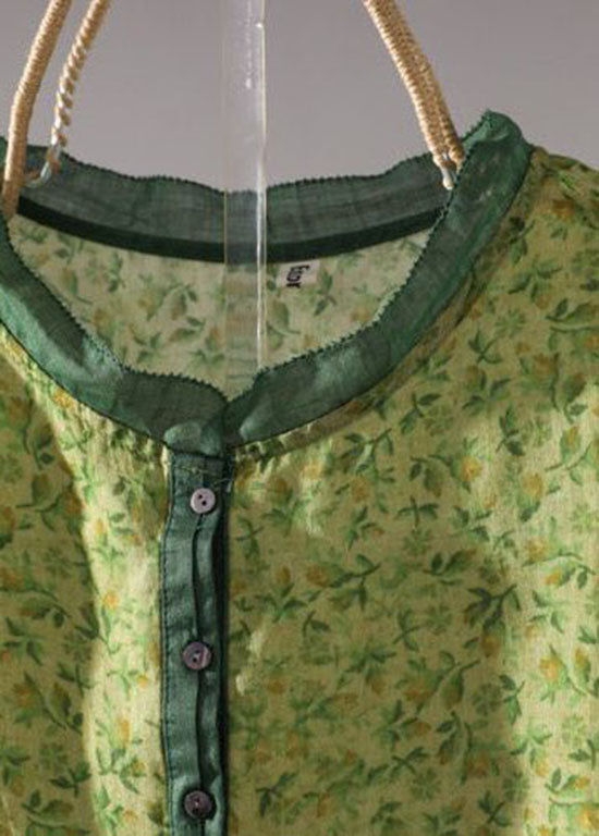 Style Green Stand Collar Print Linen Shirt Top Half Sleeve LY1429