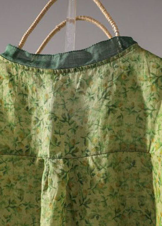 Style Green Stand Collar Print Linen Shirt Top Half Sleeve LY1429