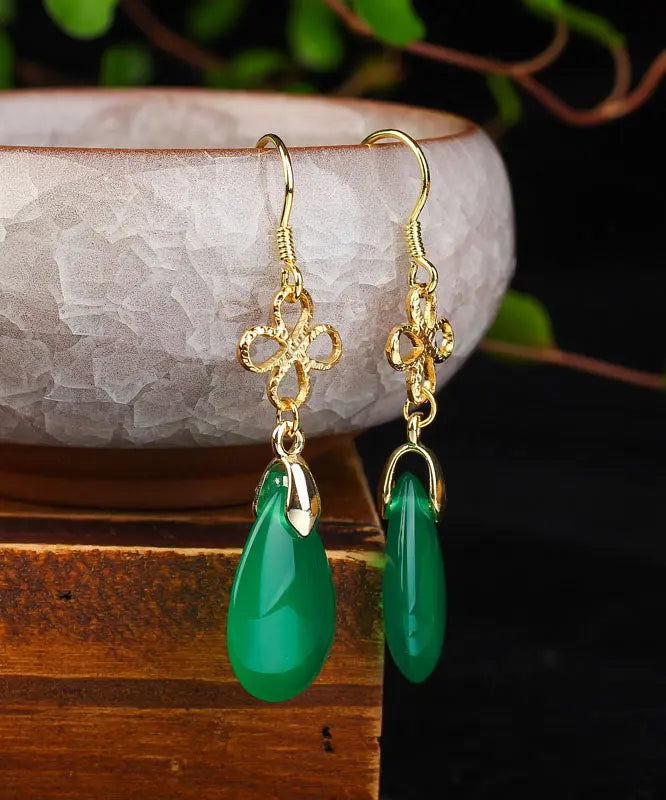 Style Green Sterling Silver Overgild Water Drop Chalcedony Drop Earrings Ada Fashion