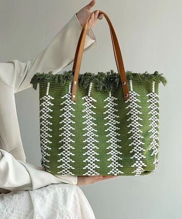 Style Green Tassel Knit Fabric Canvas Tote Handbag LY1386
