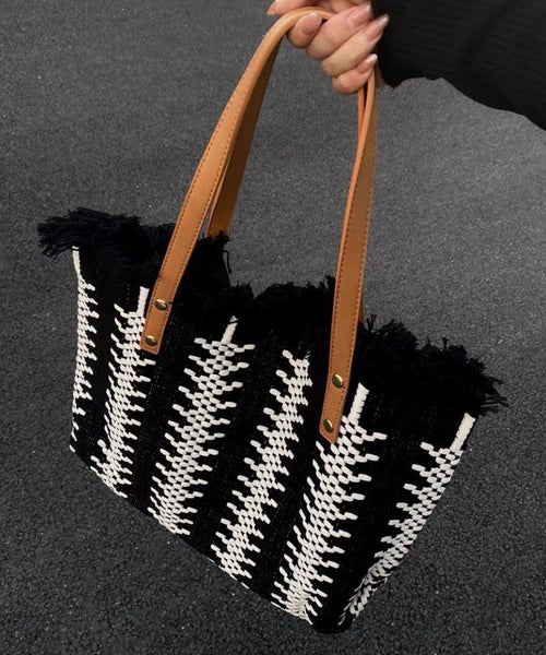 Style Green Tassel Knit Fabric Canvas Tote Handbag LY1386