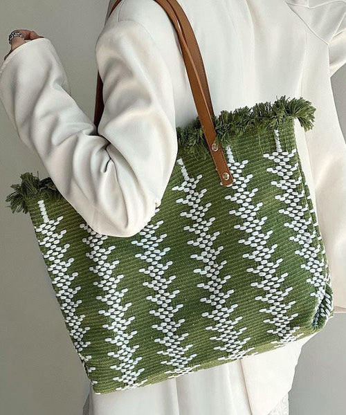 Style Green Tassel Knit Fabric Canvas Tote Handbag LY1386