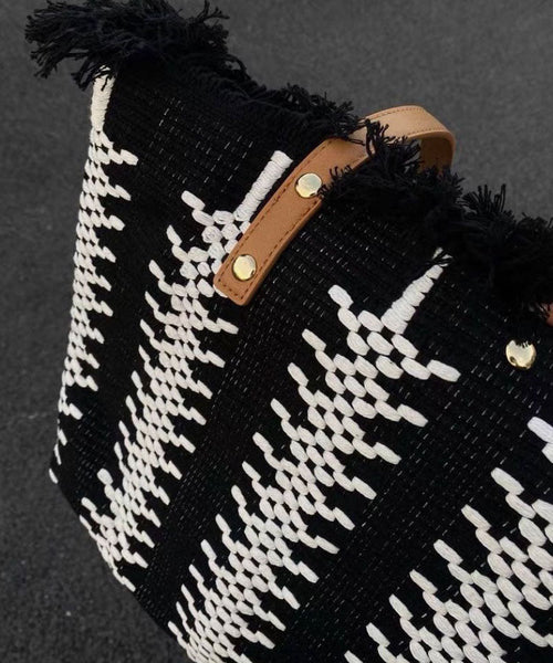 Style Green Tassel Knit Fabric Canvas Tote Handbag LY1386
