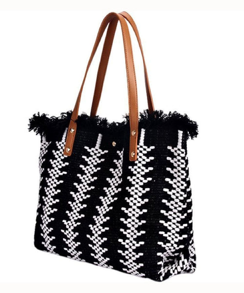 Style Green Tassel Knit Fabric Canvas Tote Handbag LY1386