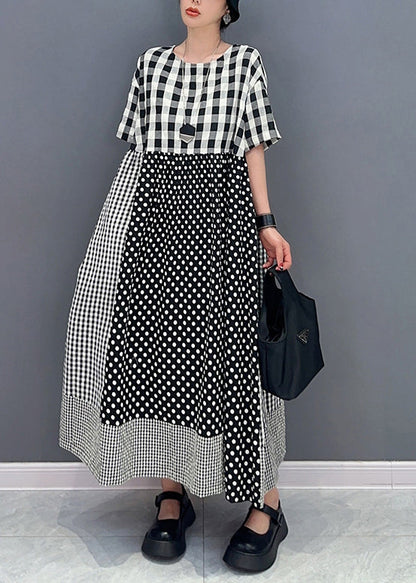 Style Grey Plaid Patchwork Dot Cotton A Line Dress Summer LY0579