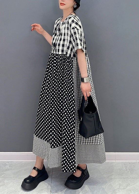 Style Grey Plaid Patchwork Dot Cotton A Line Dress Summer LY0579