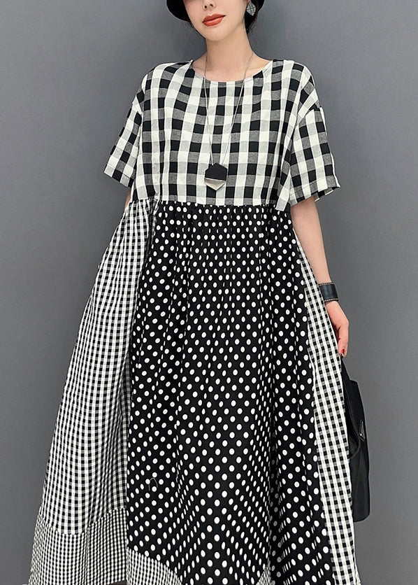 Style Grey Plaid Patchwork Dot Cotton A Line Dress Summer LY0579