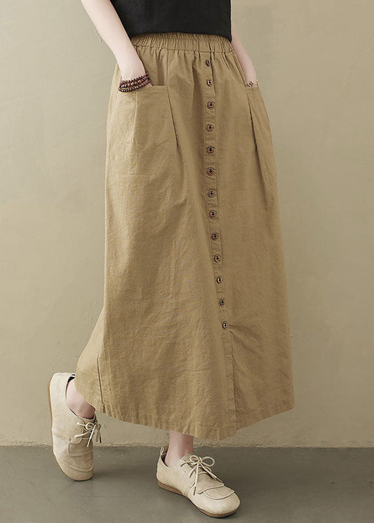 Style Khaki Elastic Waist Buttons Cotton A Line Skirt Summer LY1544