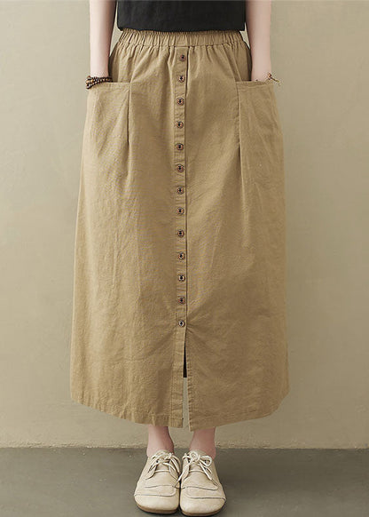 Style Khaki Elastic Waist Buttons Cotton A Line Skirt Summer LY1544