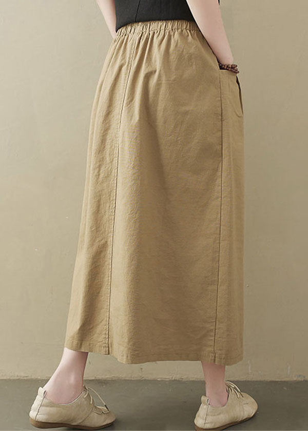 Style Khaki Elastic Waist Buttons Cotton A Line Skirt Summer LY1544