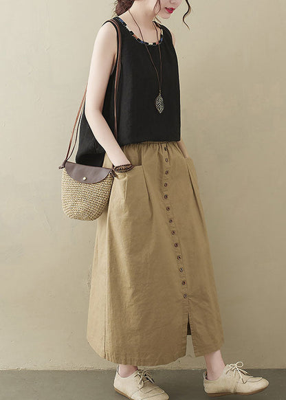 Style Khaki Elastic Waist Buttons Cotton A Line Skirt Summer LY1544