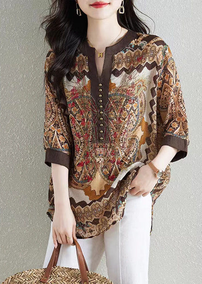 Style Khaki V Neck Print Patchwork Chiffon Shirt Tops Summer F4104