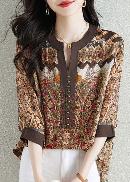 Style Khaki V Neck Print Patchwork Chiffon Shirt Tops Summer F4104