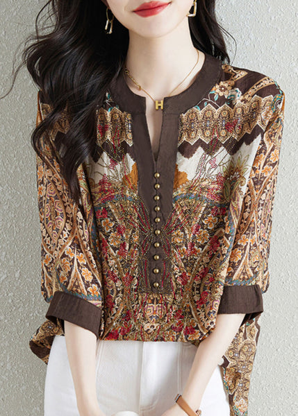 Style Khaki V Neck Print Patchwork Chiffon Shirt Tops Summer F4104
