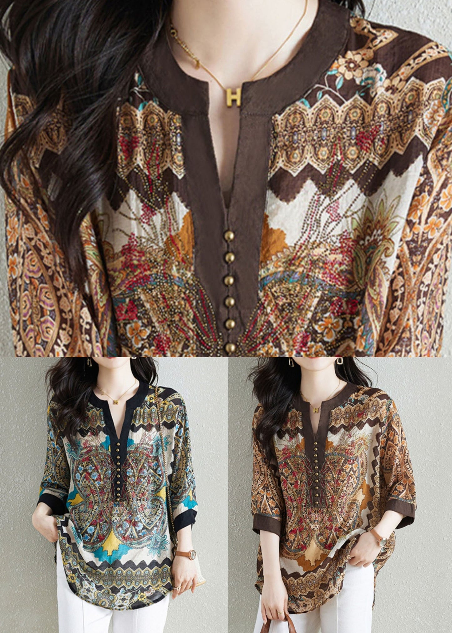 Style Khaki V Neck Print Patchwork Chiffon Shirt Tops Summer F4104