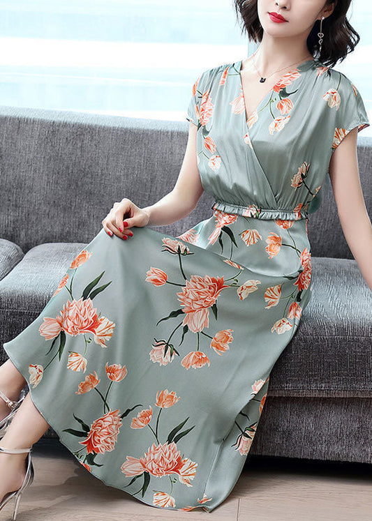 Style Light Green Cinched Print Silk Vacation Dresses Summer LC0079