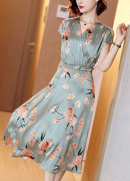Style Light Green Cinched Print Silk Vacation Dresses Summer LC0079