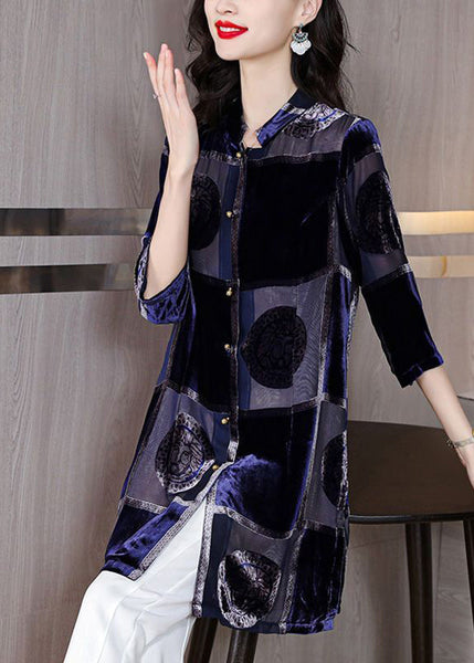 Style Navy Stand Collar Print Chiffon Long Shirt Half Sleeve LY0698